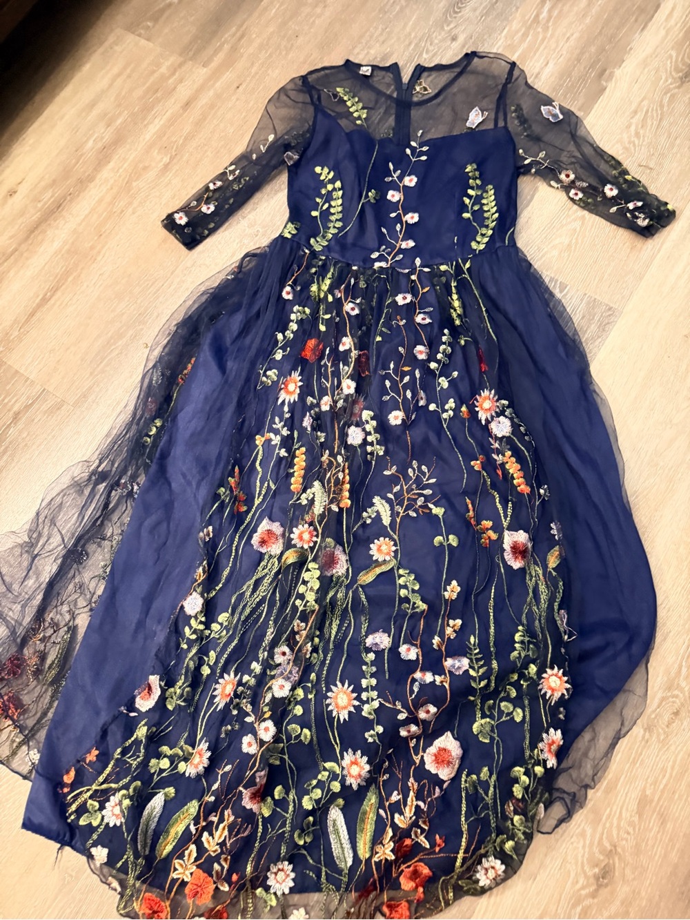 Navy Floral Embroidered Tulle Dress